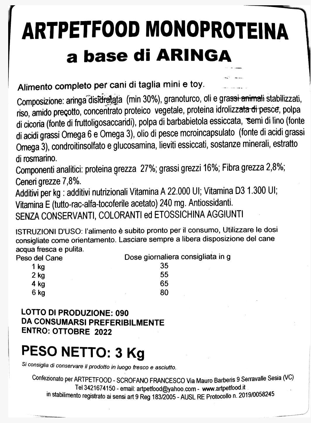 ALIMENTO PER CANI MINI TOY MONOPROTEICO ALL'ARINGA - artpetfood