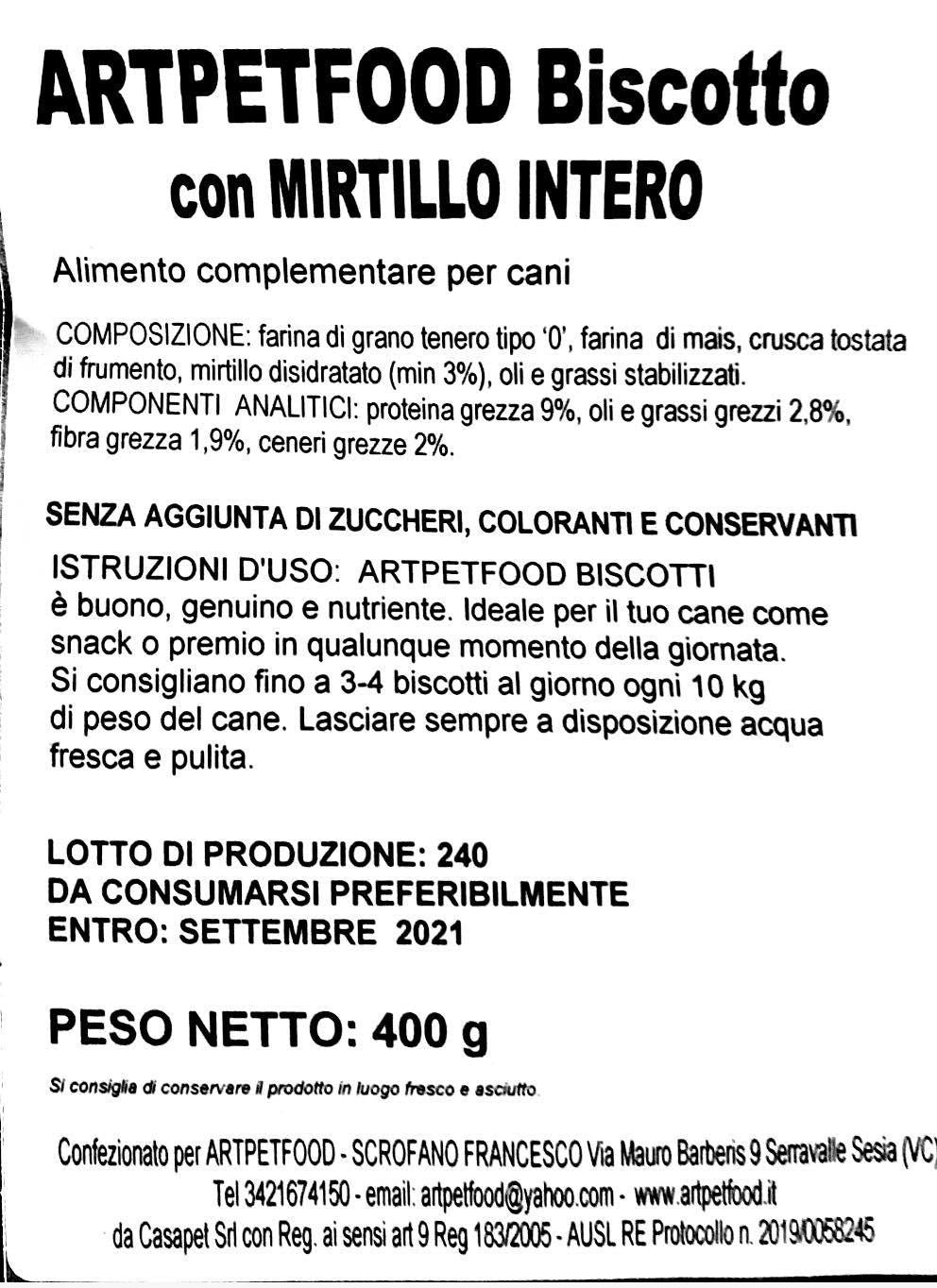 BISCOTTI ARTIGIANALI PER CANI CON MIRTILLO INTERO - artpetfood