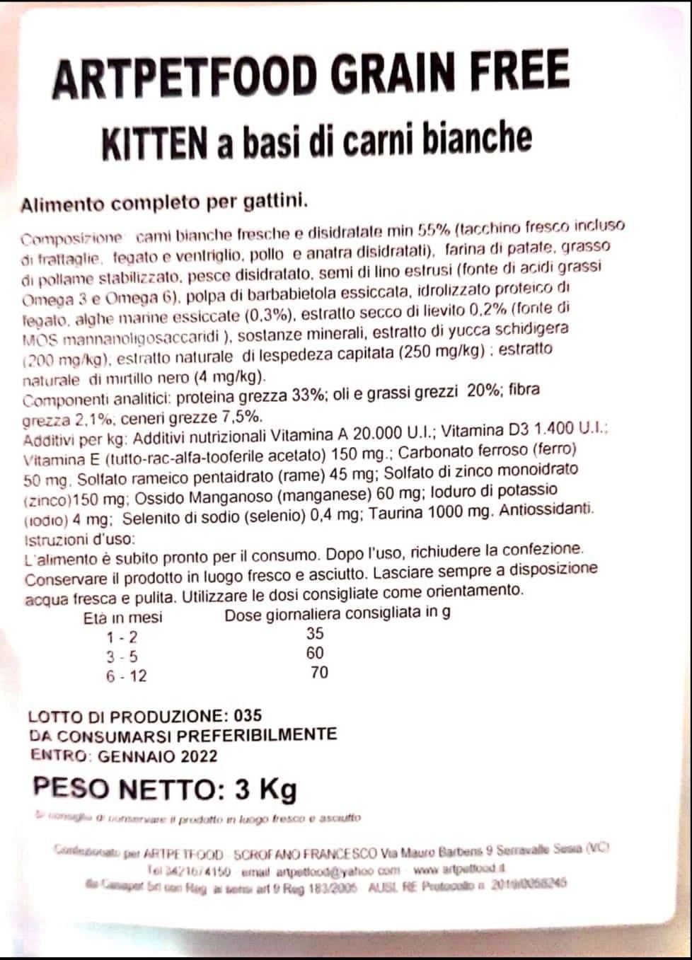 ALIMENTO COMPLETO E BILANCIATO PER GATTINI A BASE DI CARNE BIANCA SENZA GLUTINE - artpetfood