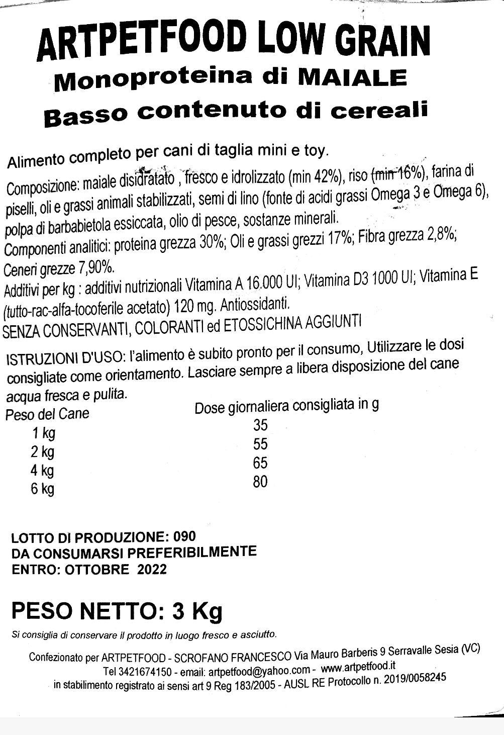 ALIMENTO PER CANI MINI E TOY A BASE DI MAIALE MONOPROTEICO LOW GRAIN - artpetfood