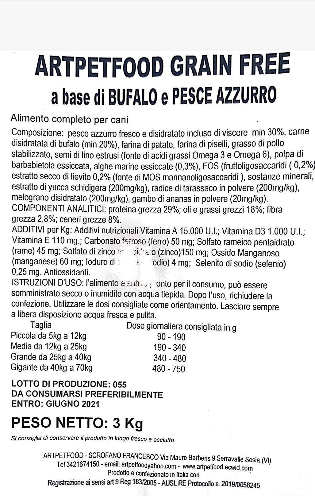 ALIMENTO A BASE DI BUFALO E PESCE AZZURRO PER CANI ADULTI SENZA CEREALI E SENZA GLUTINE - artpetfood