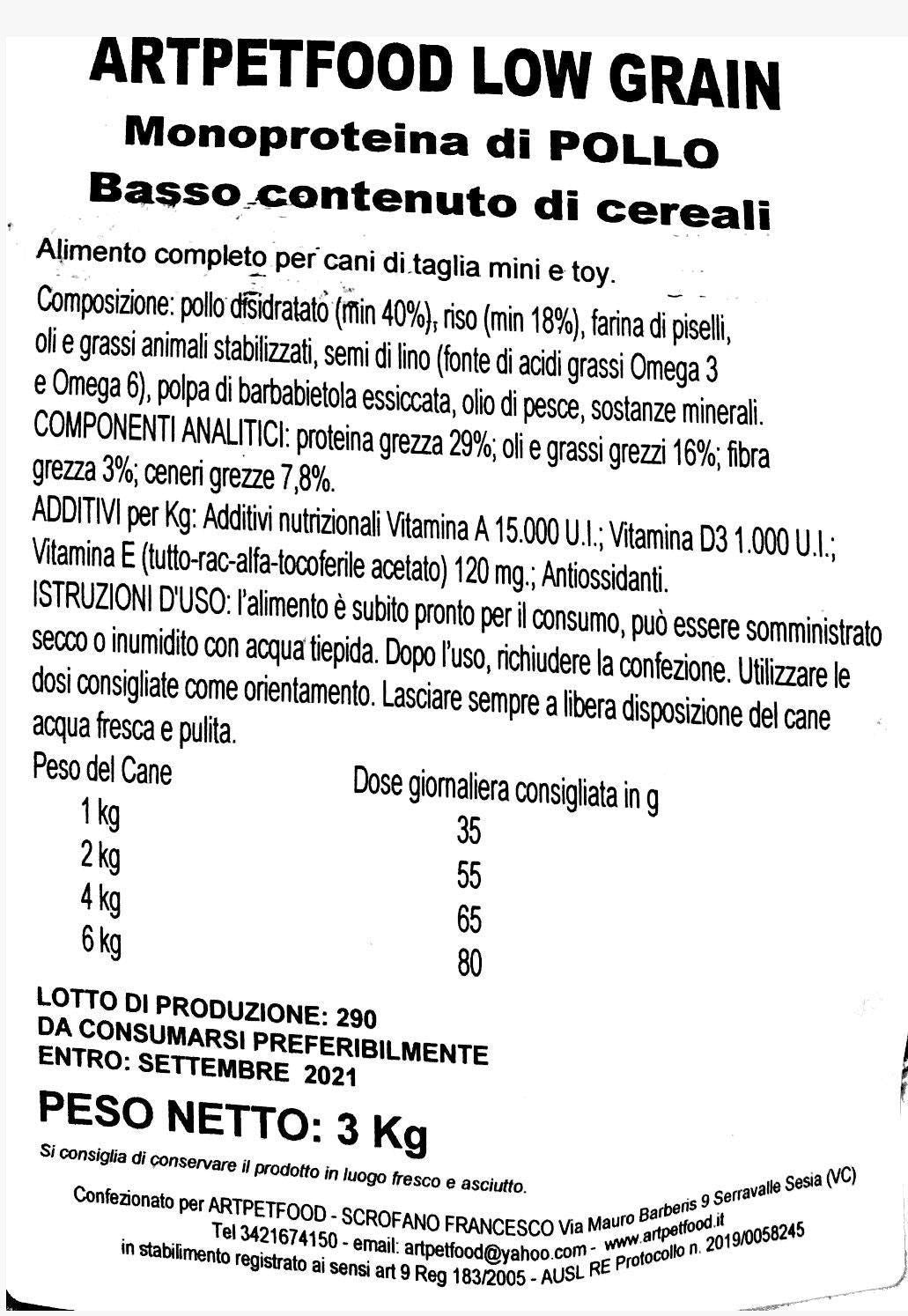 ALIMENTO CON POLLO  MONOPROTEINA SENZA GLUTINE  A BASSO INDICE DI CEREALI  PER CANI MINI E - artpetfood