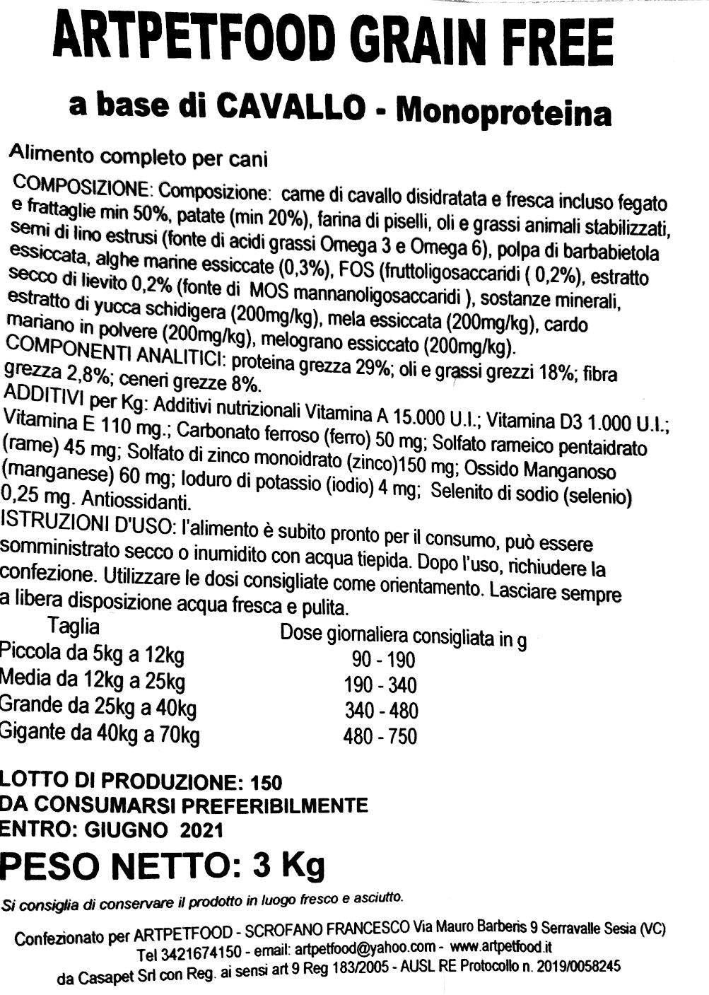 ALIMENTO MONOPROTEICO  A BASE DI CAVALLO PER CANI ADULTI SENZA CEREALI E SENZA GLUTINE - artpetfood