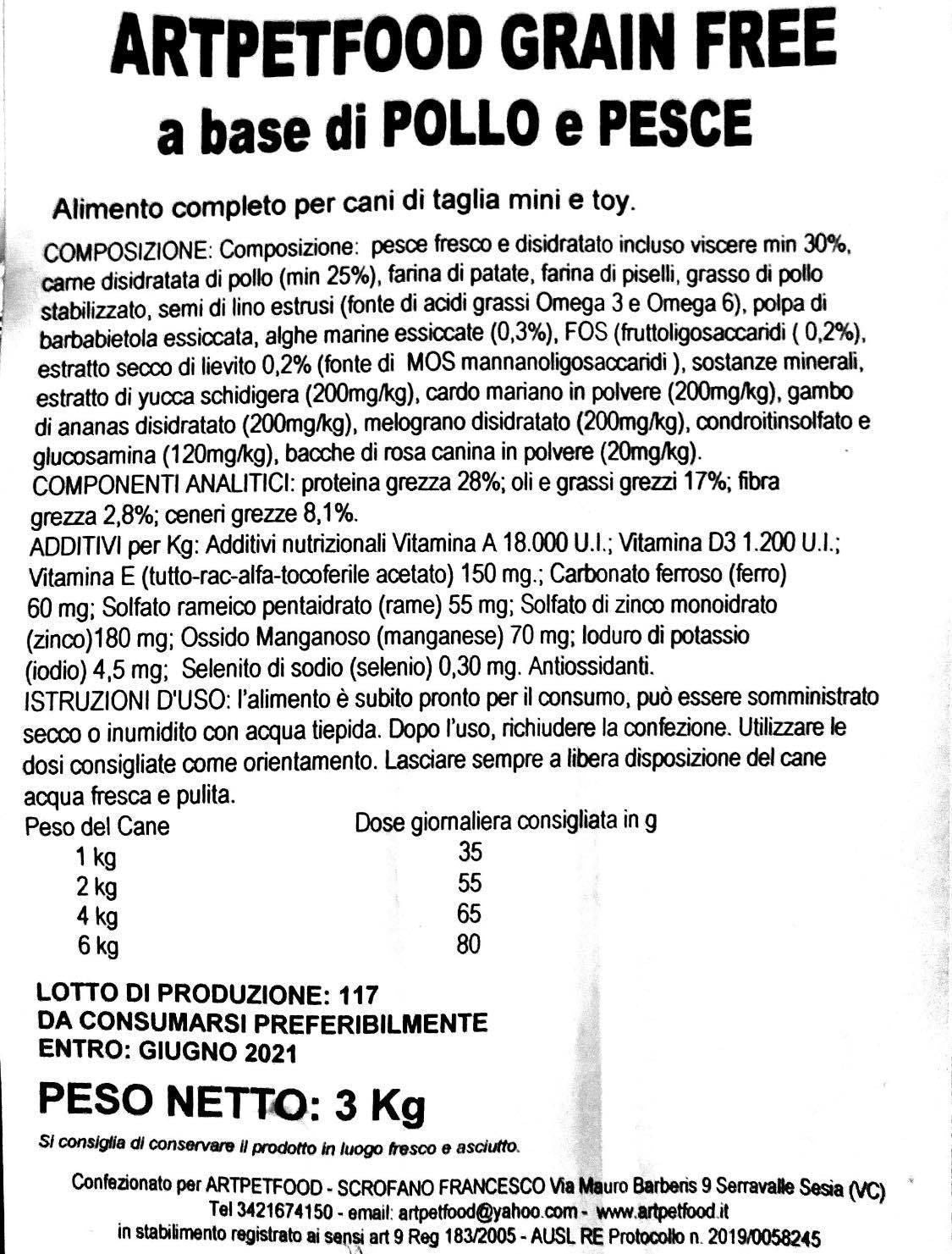 Alimento Bilanciato per cani di taglia mini e toy , senza cereali con pesce e pollo - artpetfood