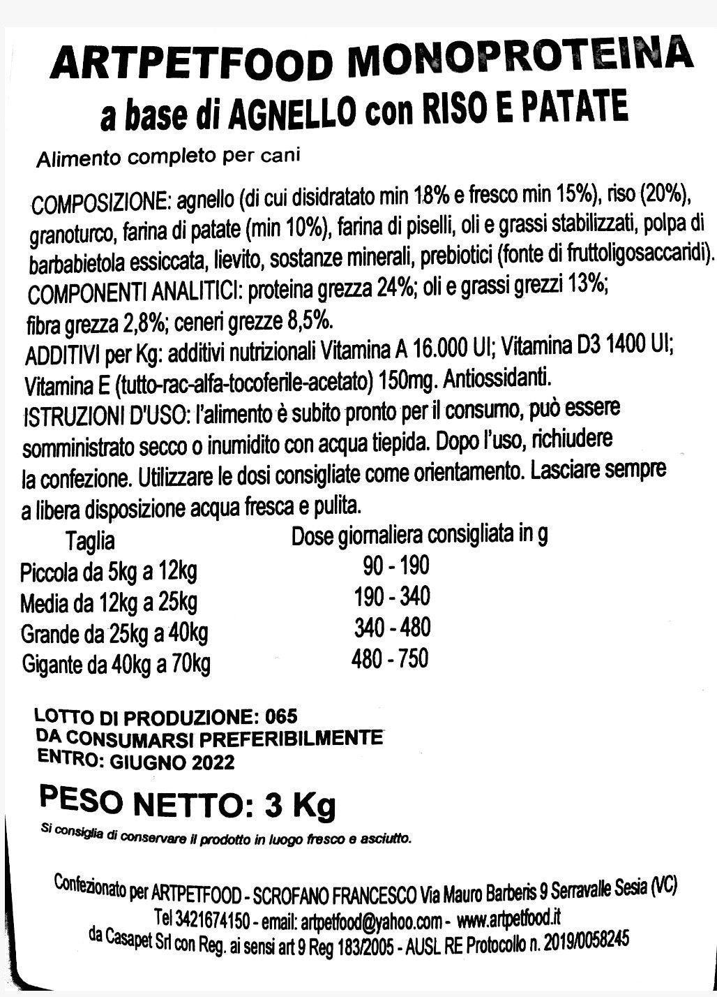 ALIMENTO MONOPROTEICO A BASE DI AGNELLO CON RISO E PATATE  IPOALLERGENICO - artpetfood