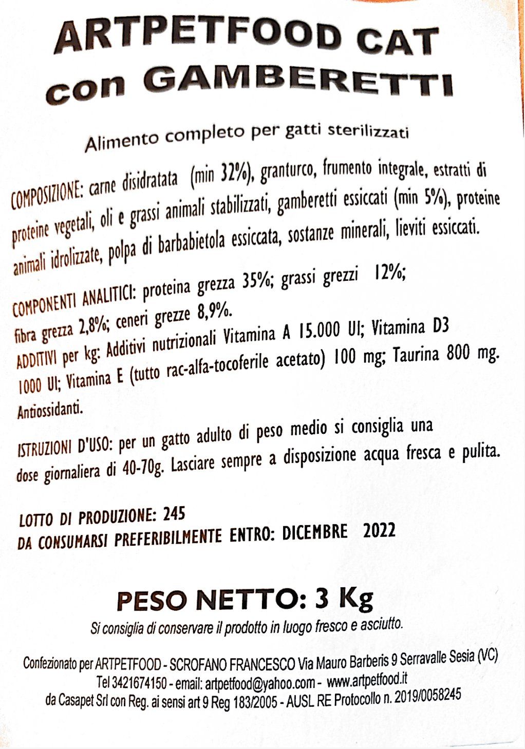 alimento per gatti  sterilizzati con gamberetti - artpetfood