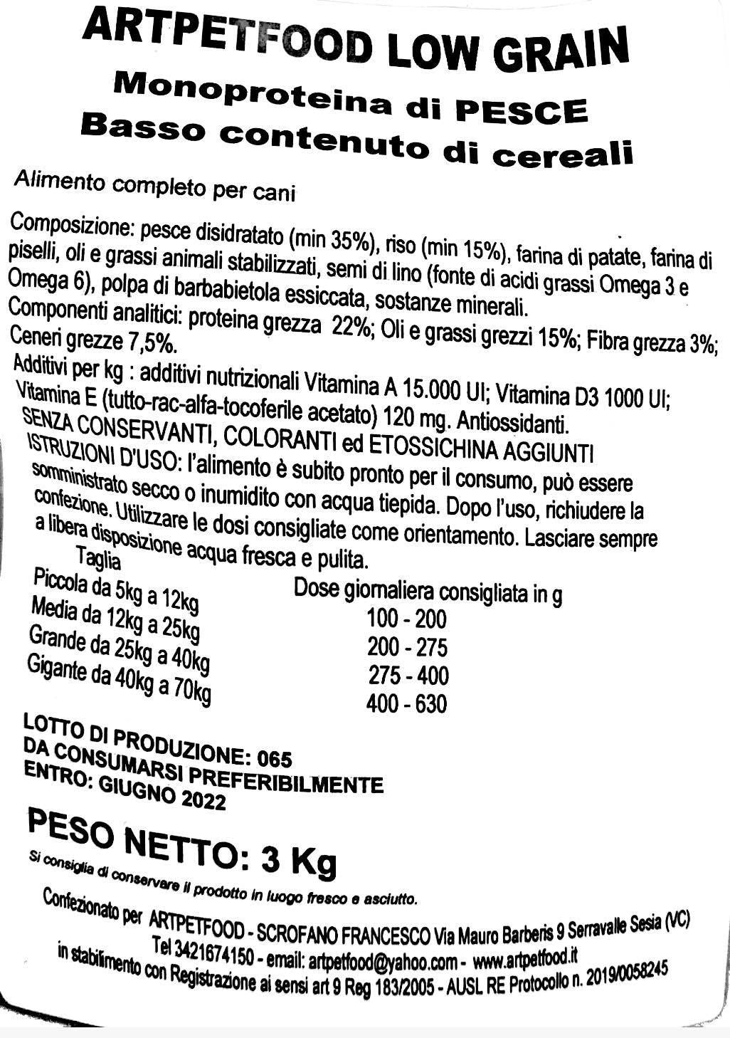ALIMENTO COMPLETO LOW GRAIN MONOPROTEINA AL PESCE   SENZA GLUTINE IPOALLERGENICO - artpetfood